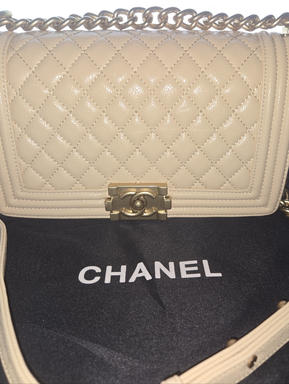 Beige Quilted Leather Shoulder Bag with Gold Hardware